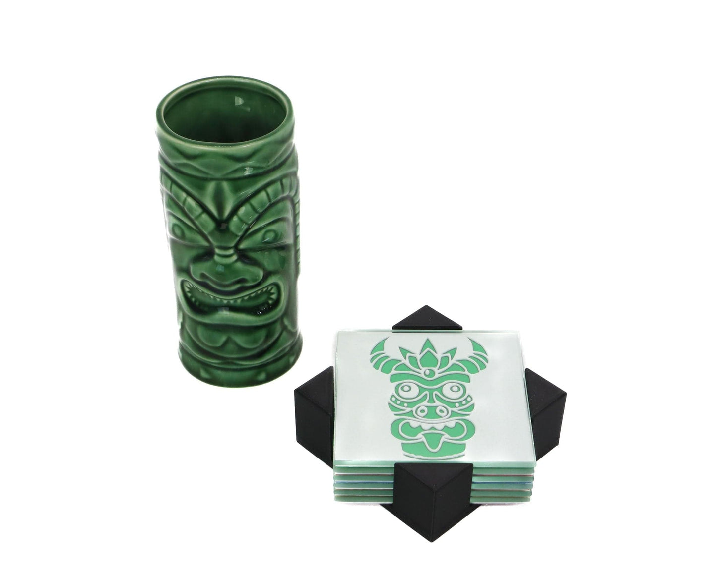 LightAndTimeArt Barware Tiki 3D-Glass Coaster Set for Drinks with Holder, Barware, Set of 4 or 6