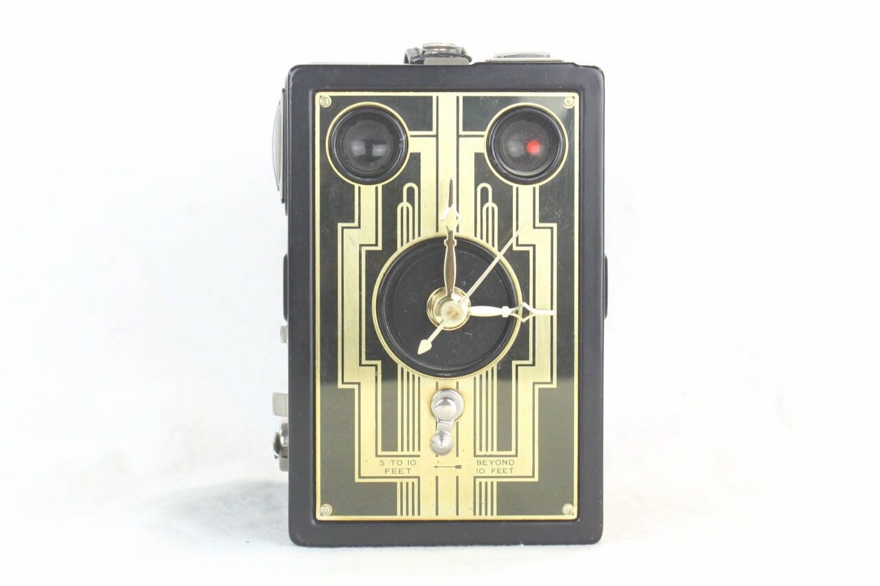 LightAndTimeArt Camera clocks Golden Art Deco Vintage Brownie Target Six-16 Camera Clock, upcycled, reuse, desk clock, office, fire mantel, antique tabletop clock