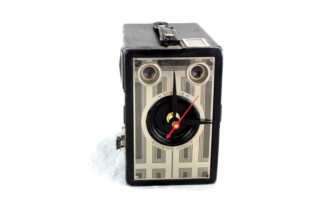 LightAndTimeArt Camera clocks Art Deco Vintage Brownie Junior Six-16 Camera Clock, upcycled, reuse, analog time, desk clock, office, fire mantel, antique tabletop clock