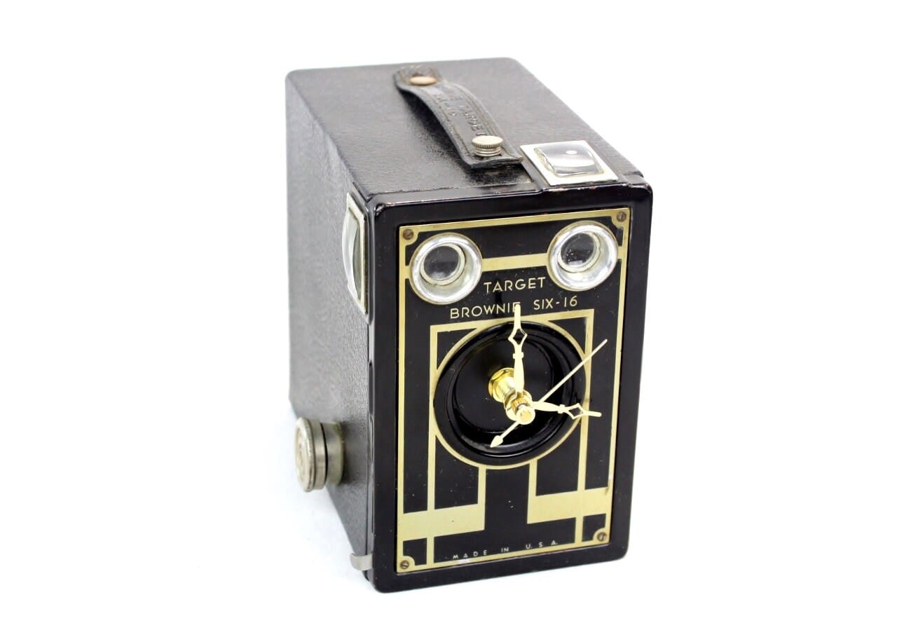 LightAndTimeArt Camera clocks Golden Art Deco Vintage Brownie Target Six-16 Camera Clock, upcycled, reuse, desk clock, office, fire mantel, antique tabletop clock