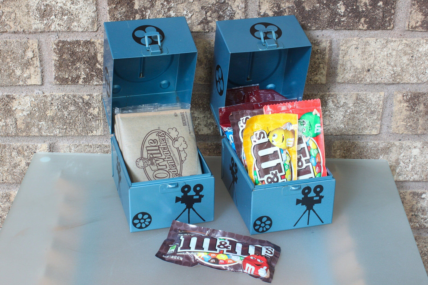 LightAndTimeArt Food Storage Containers Vintage Blue Candy Storage, 2 x 8MM Movie Metal Carrying Cases, Sweet treasure box, Movie night candy, Movie Room décor, Popcorn storage