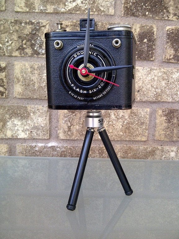 LightAndTimeArt Camera clocks Vintage Tripod Desk Clock - Brownie Flash Six-20/16 - Repurposed Vintage Camera