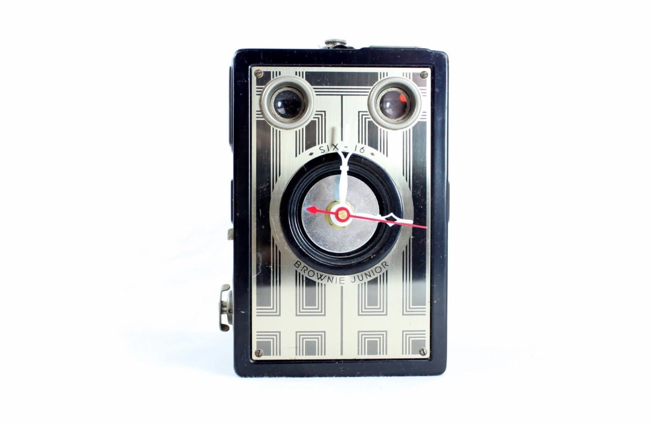 LightAndTimeArt Camera clocks Art Deco Vintage Brownie Target Six-16 Camera Clock, upcycled, reuse, desk clock, office, fire mantel, antique tabletop clock