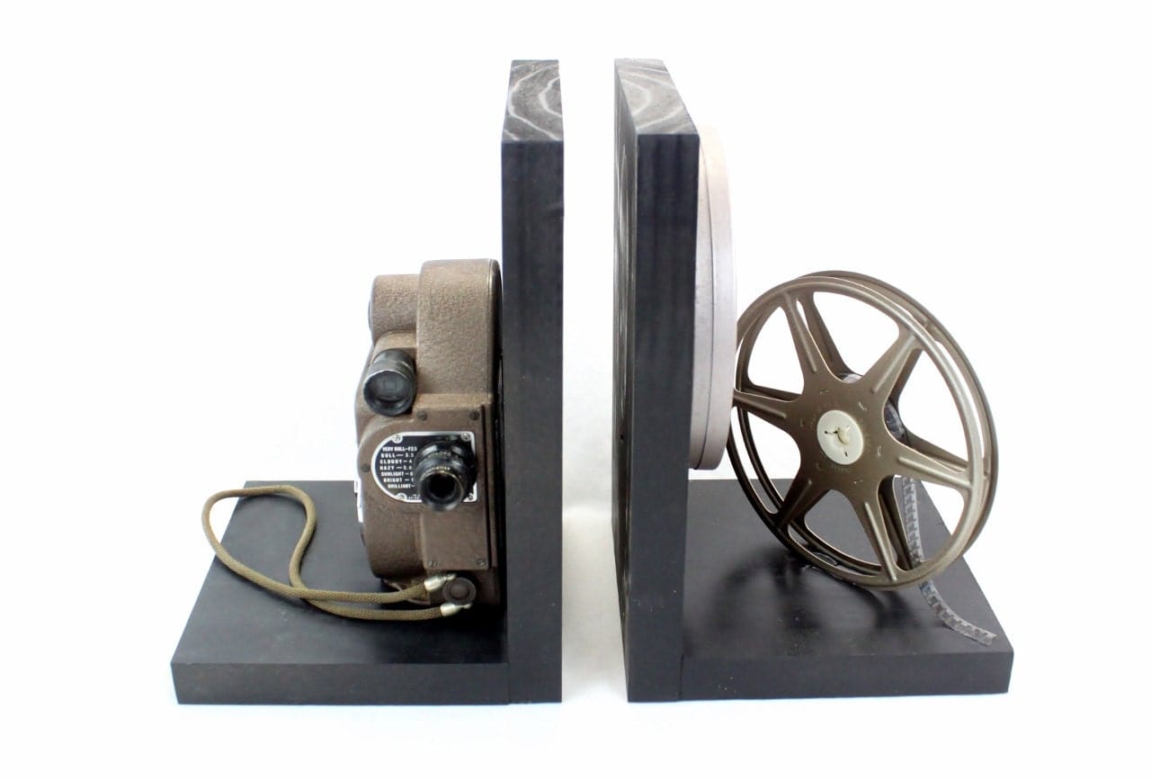 LightAndTimeArt Bookends Vintage Camera Bookends, Revere 8 Model 88, DVD Holder, Movie Room Home Theater Decor, Movie Maker Director Gift, Vintage Home Decor