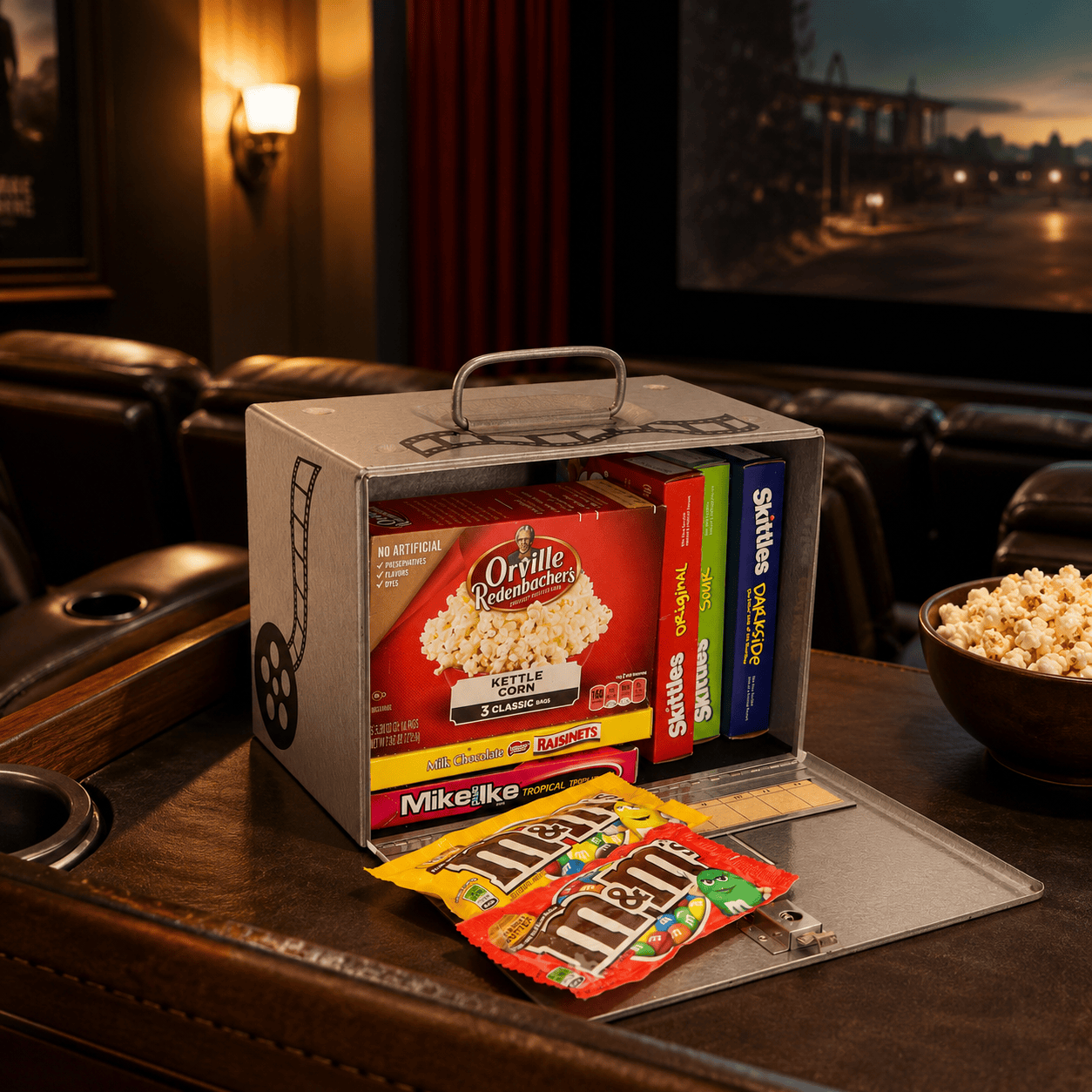 LightAndTimeArt Food Storage Containers Vintage 8 MM Silver Movie Metal Carrying Case - Movie Night - Candy Store