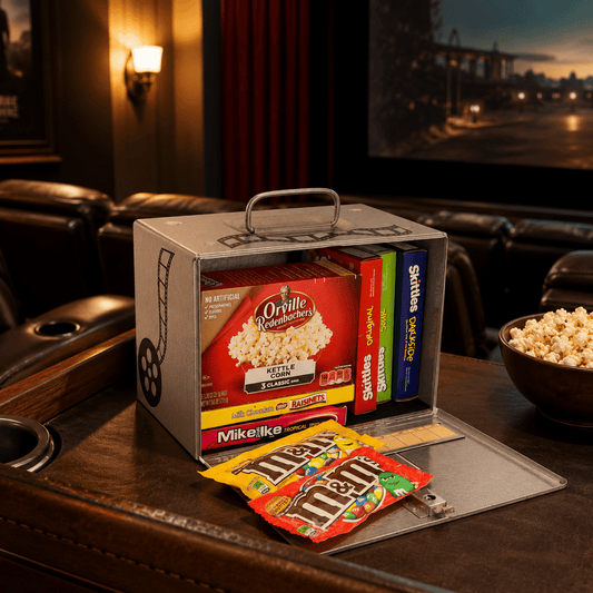 LightAndTimeArt Food Storage Containers Vintage 8 MM Silver Movie Metal Carrying Case - Movie Night - Candy Store