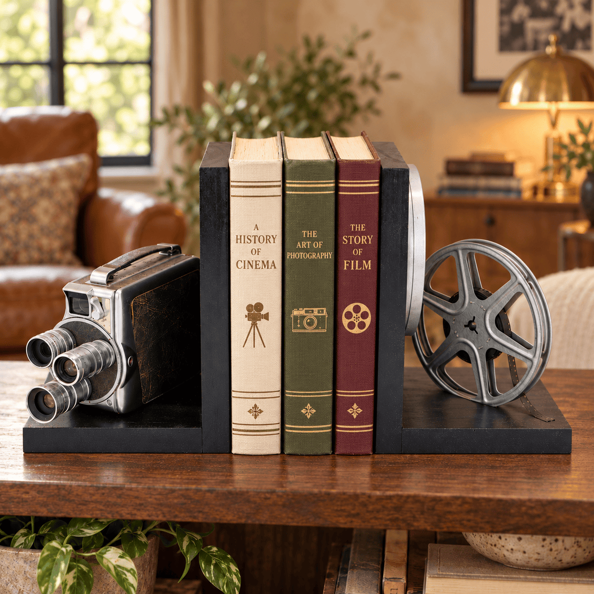 LightAndTimeArt Bookends Vintage Keystone K48 Triple Turret Movie Camera Bookends, movie room & home theater decoration, DVD Holder
