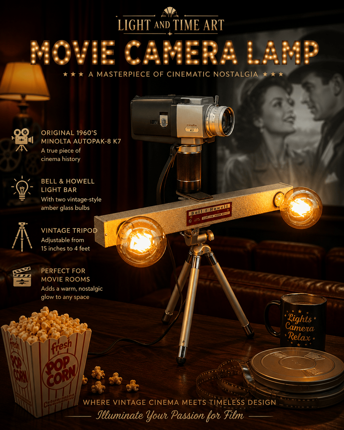 LightAndTimeArt Camera Lamp Movie Camera Lamp - 1960's 8mm Minolta K7 Camera & Bell & Howell Light Bar on Vintage Tripod