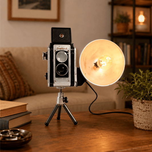 LightAndTimeArt Camera Lamp Reading Lamp - Kodak Duaflex II Vintage Camera on mini tripod