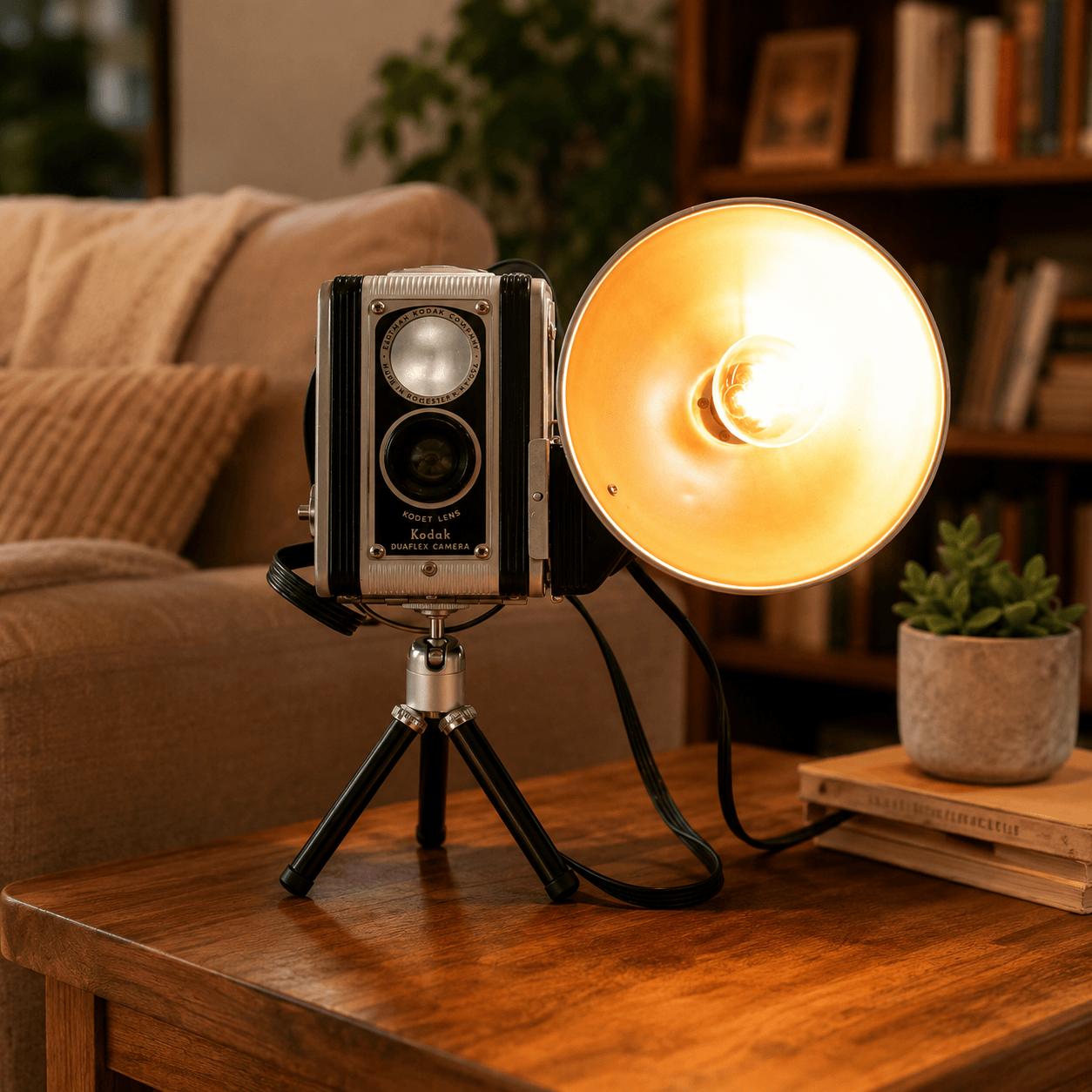 LightAndTimeArt Camera Lamp LED Desk Lamp - Black Kodak Duaflex Vintage Camera on mini tripod, Photographer and Vintage Lover gift