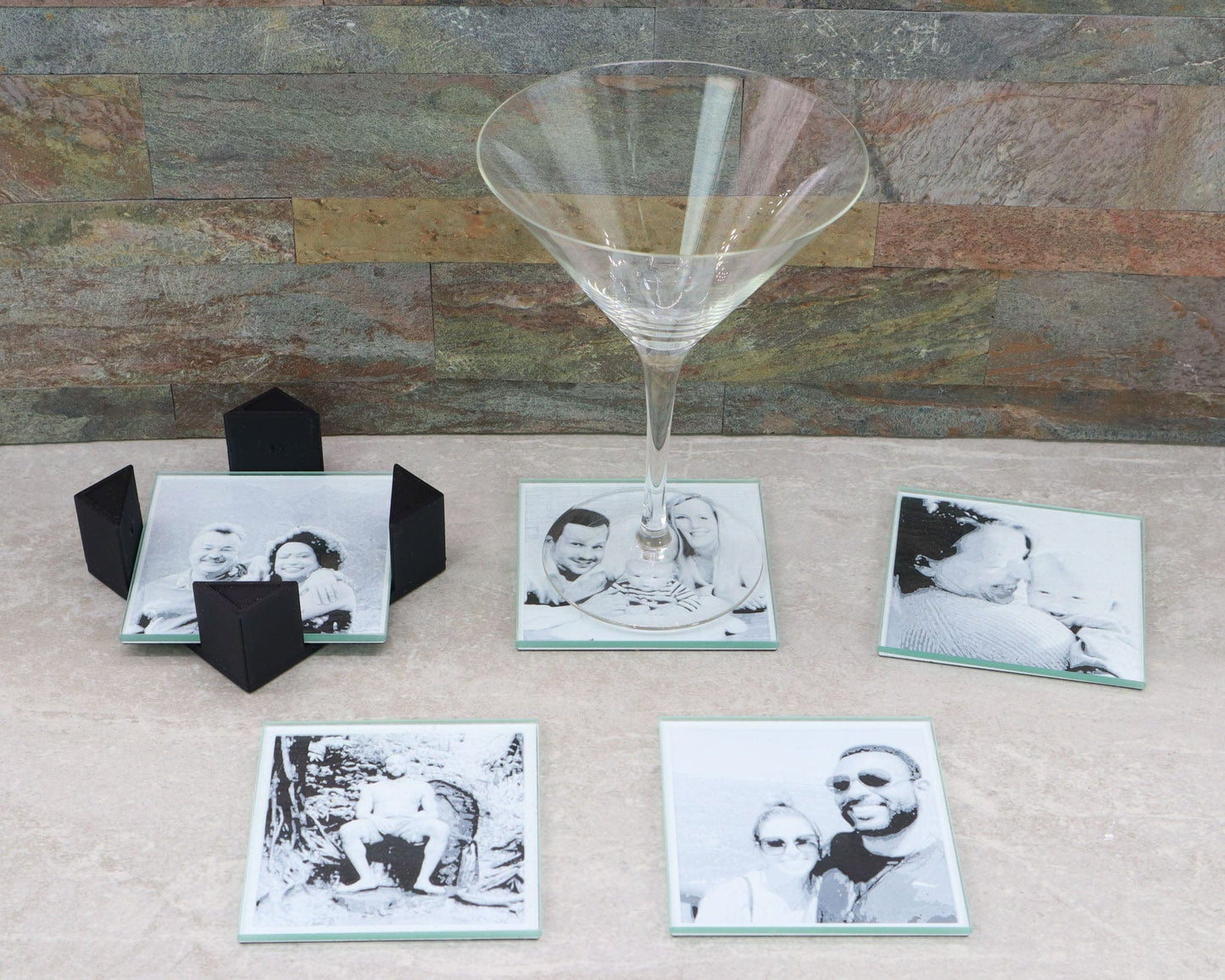 LightAndTimeArt Barware Customized Photo Glass Coaster Set for Drinks with Holder, Barware, Set of 1, 4 or 6