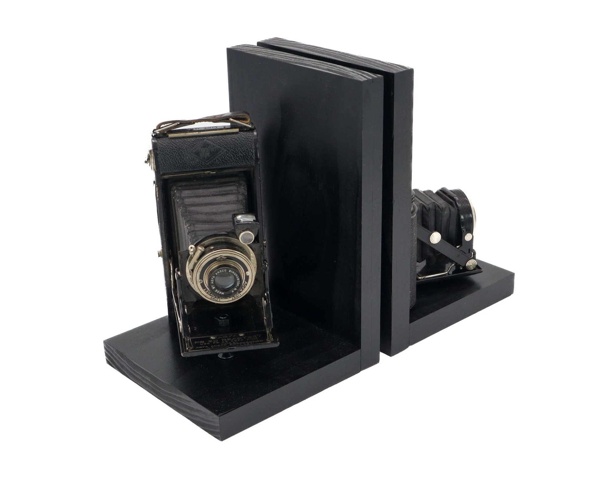 LightAndTimeArt Bookends Vintage Cinema Revival: Handmade Wooden Bookends from Original Agfa Folding Cameras