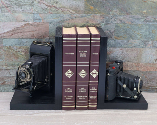 LightAndTimeArt Bookends Vintage Cinema Revival: Handmade Wooden Bookends from Original Agfa Folding Cameras