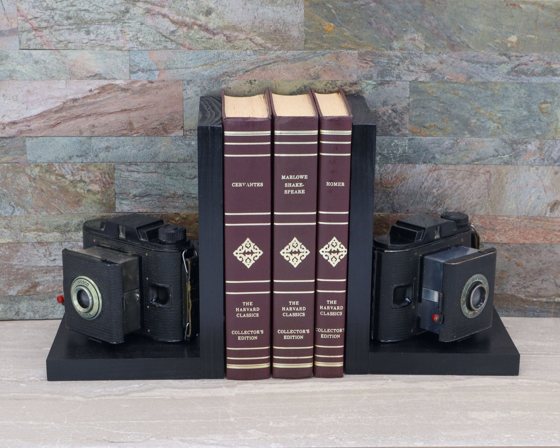 LightAndTimeArt Bookends Vintage Revival: Handmade Wooden Bookends Crafted from Original Ansco Clipper Cameras