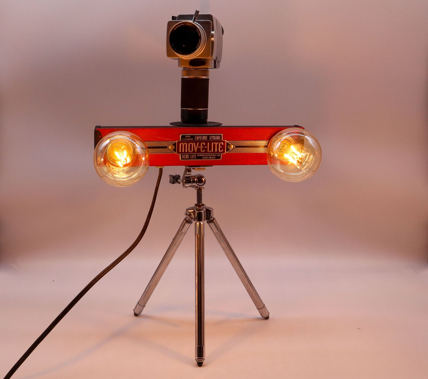 LightAndTimeArt Camera Lamp Movie Camera Lamp - 1960's 8mm Minolta Camera & Acme-Lite Light Bar on Vintage Tripod