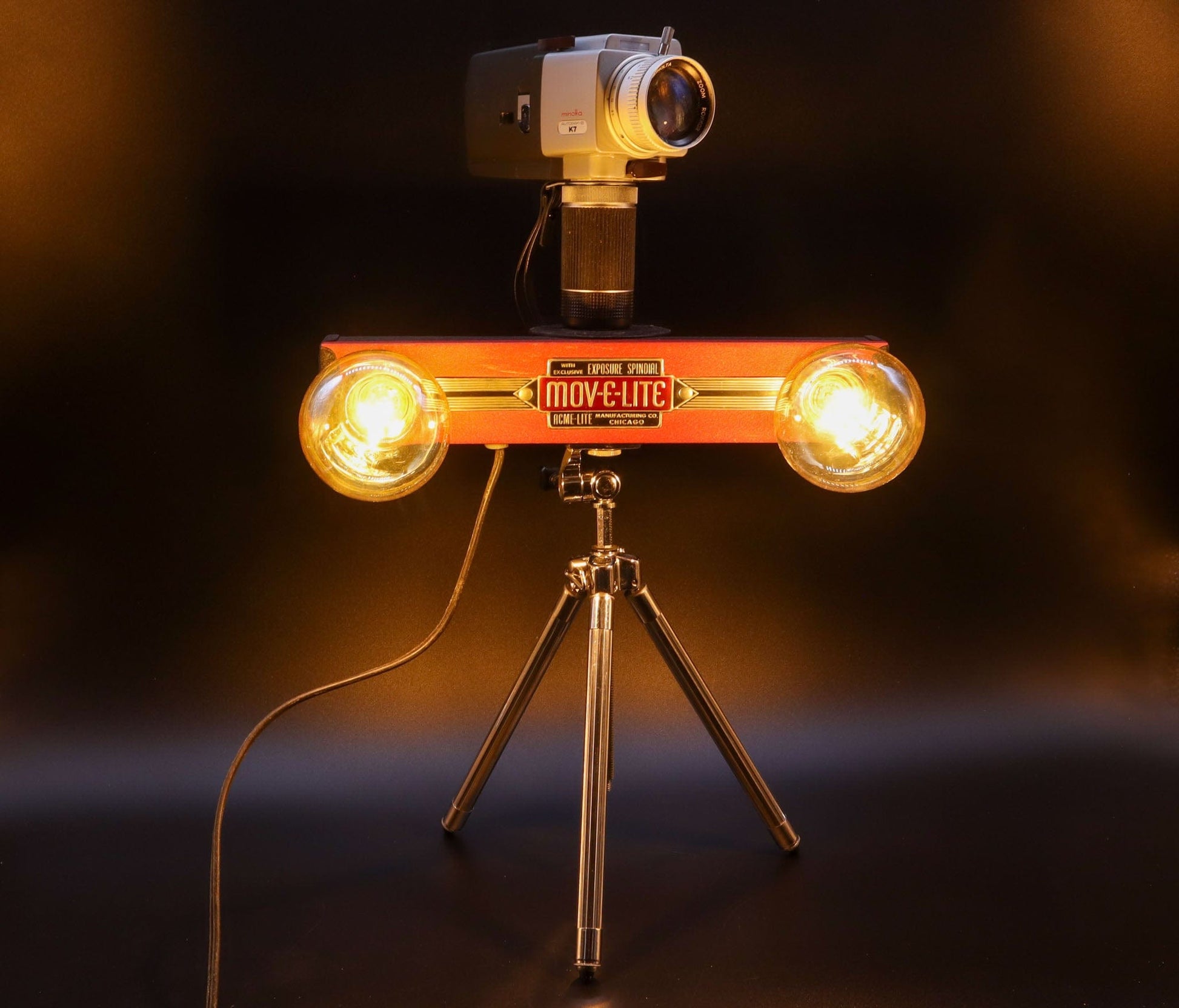LightAndTimeArt Camera Lamp Movie Camera Lamp - 1960's 8mm Minolta Camera & Acme-Lite Light Bar on Vintage Tripod