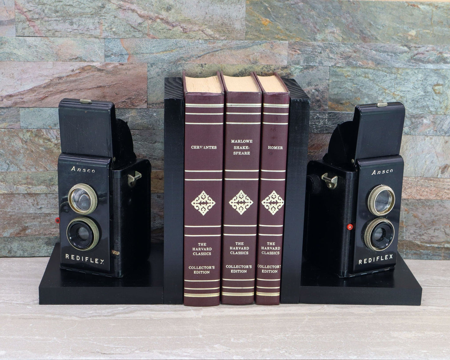 LightAndTimeArt Bookends Antique Decorative Wood Camera Bookends, Vintage Ansco Rediflex Cameras, DVD Holder, Movie Room Decor, Photographer gift