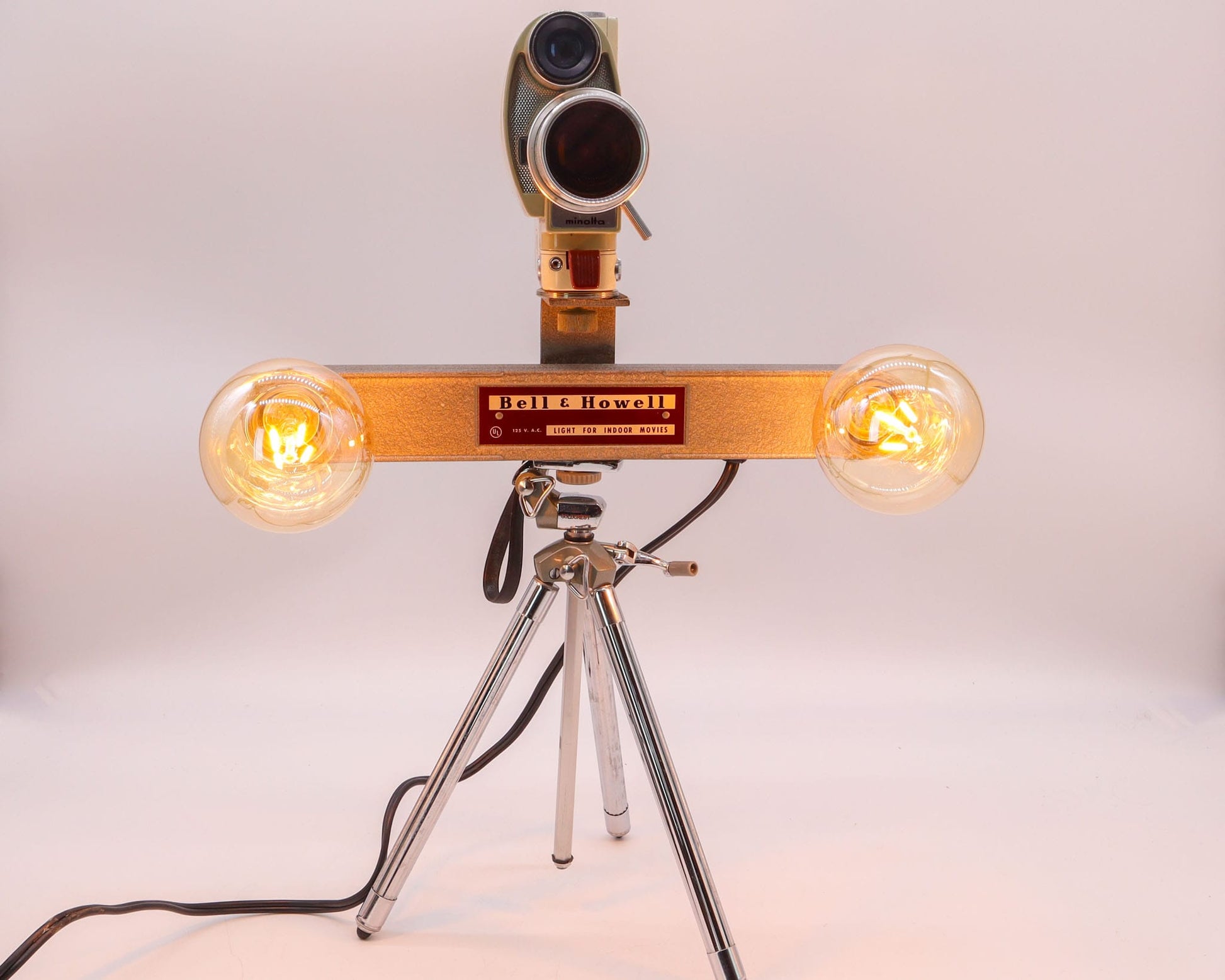 LightAndTimeArt Camera Lamp Movie Camera Lamp - 1960's 8mm Minolta Camera & Bell & Howell Light Bar on Vintage Tripod