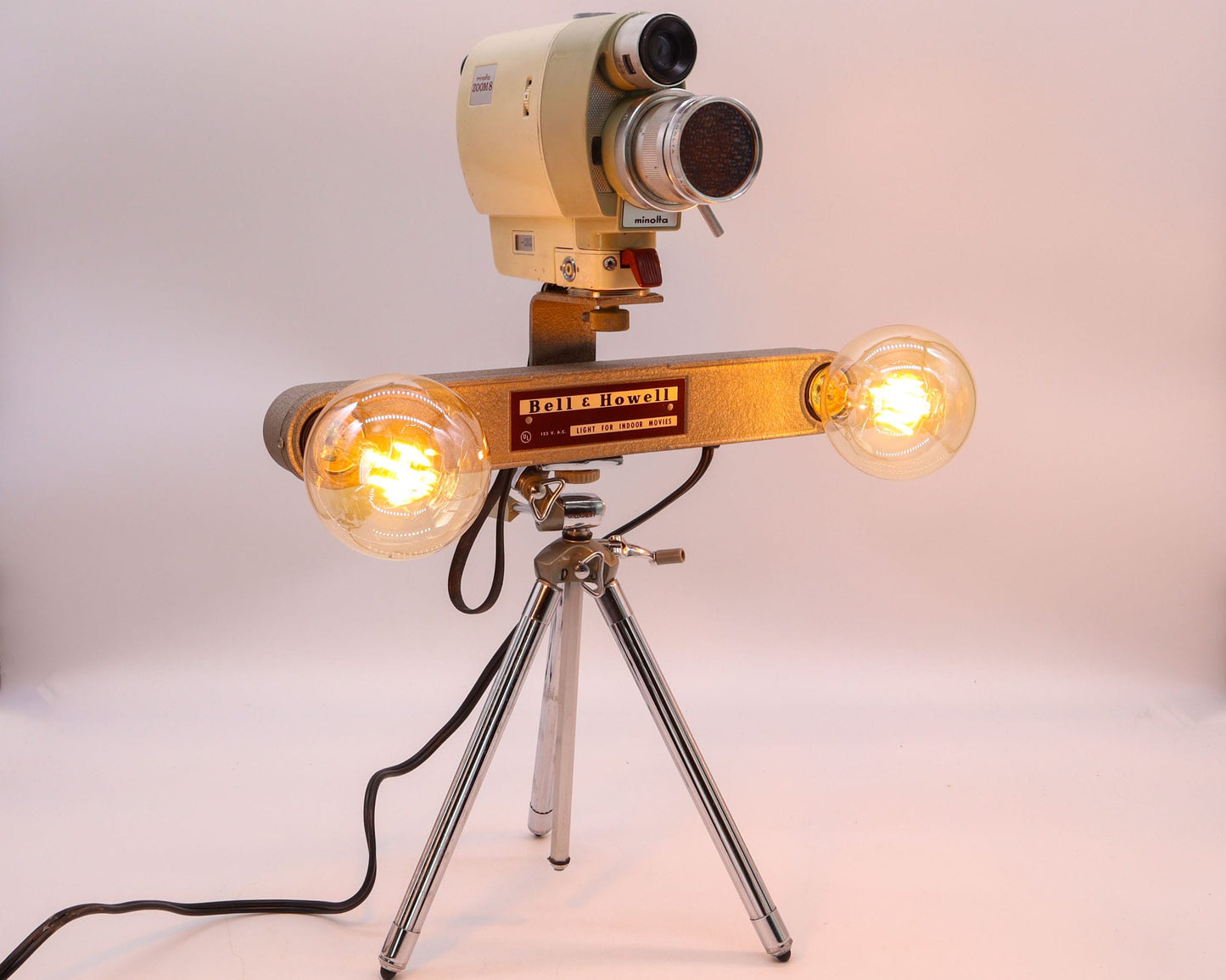 LightAndTimeArt Camera Lamp Movie Camera Lamp - 1960's 8mm Minolta Camera & Bell & Howell Light Bar on Vintage Tripod