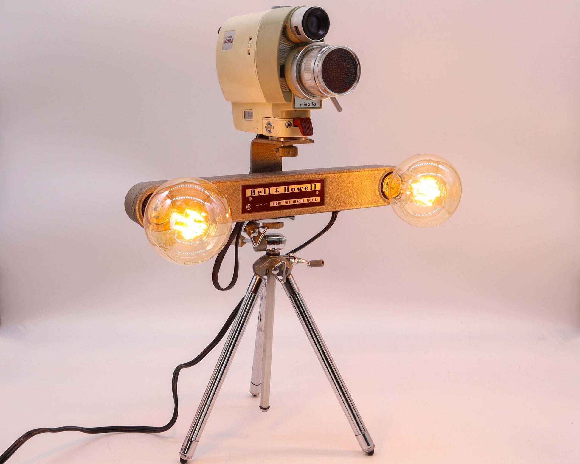 LightAndTimeArt Camera Lamp Movie Camera Lamp - 1960's 8mm Minolta Camera & Bell & Howell Light Bar on Vintage Tripod