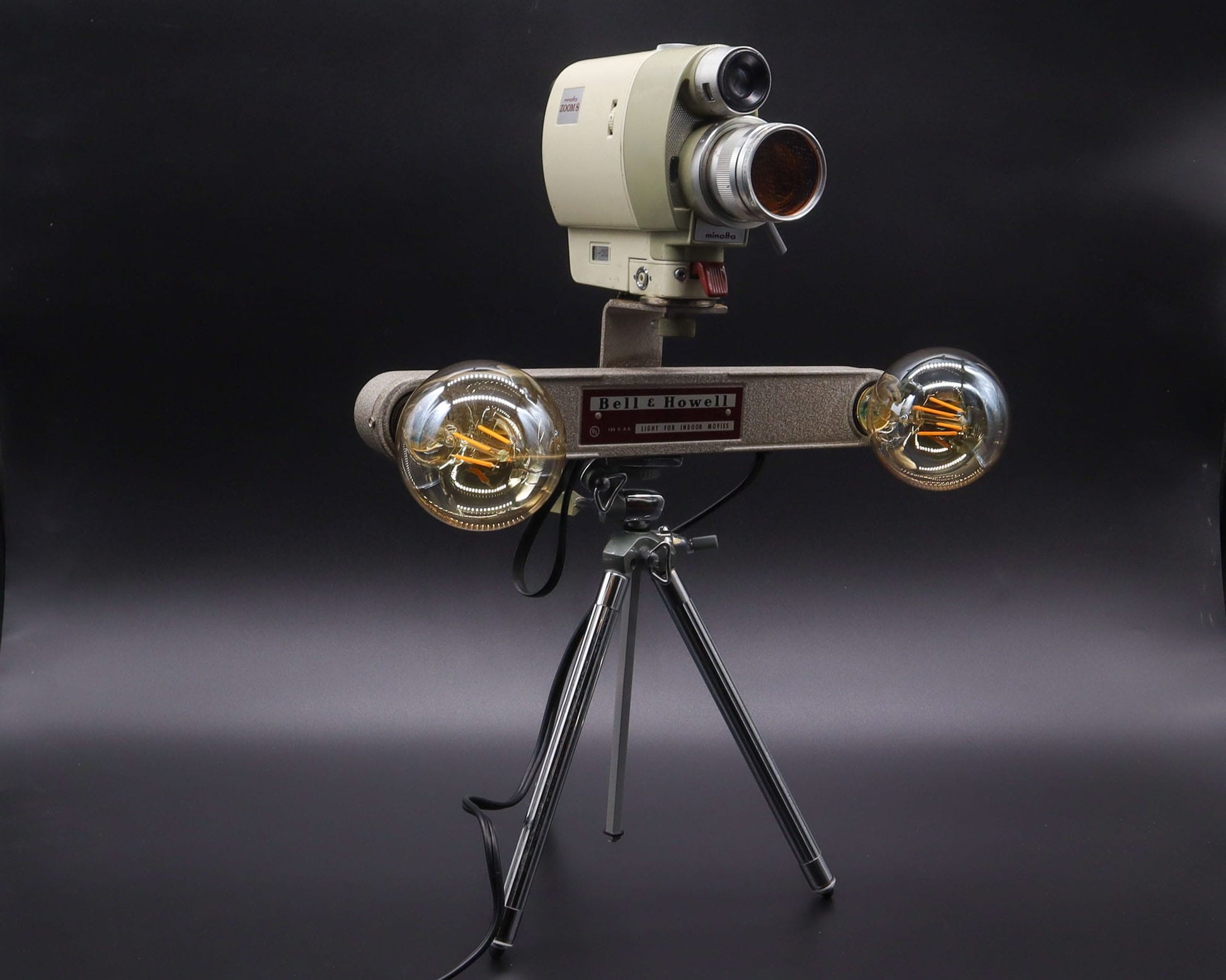 LightAndTimeArt Camera Lamp Movie Camera Lamp - 1960's 8mm Minolta Camera & Bell & Howell Light Bar on Vintage Tripod