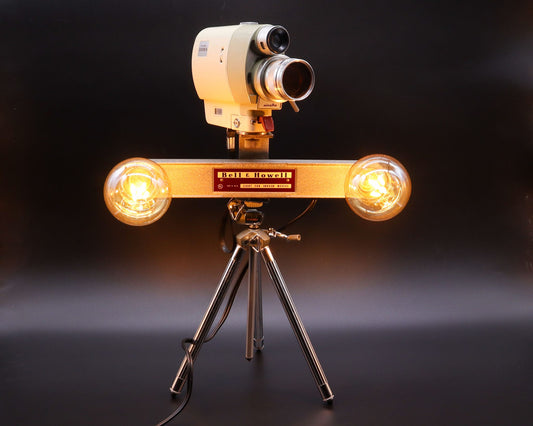 LightAndTimeArt Camera Lamp Movie Camera Lamp - 1960's 8mm Minolta Camera & Bell & Howell Light Bar on Vintage Tripod