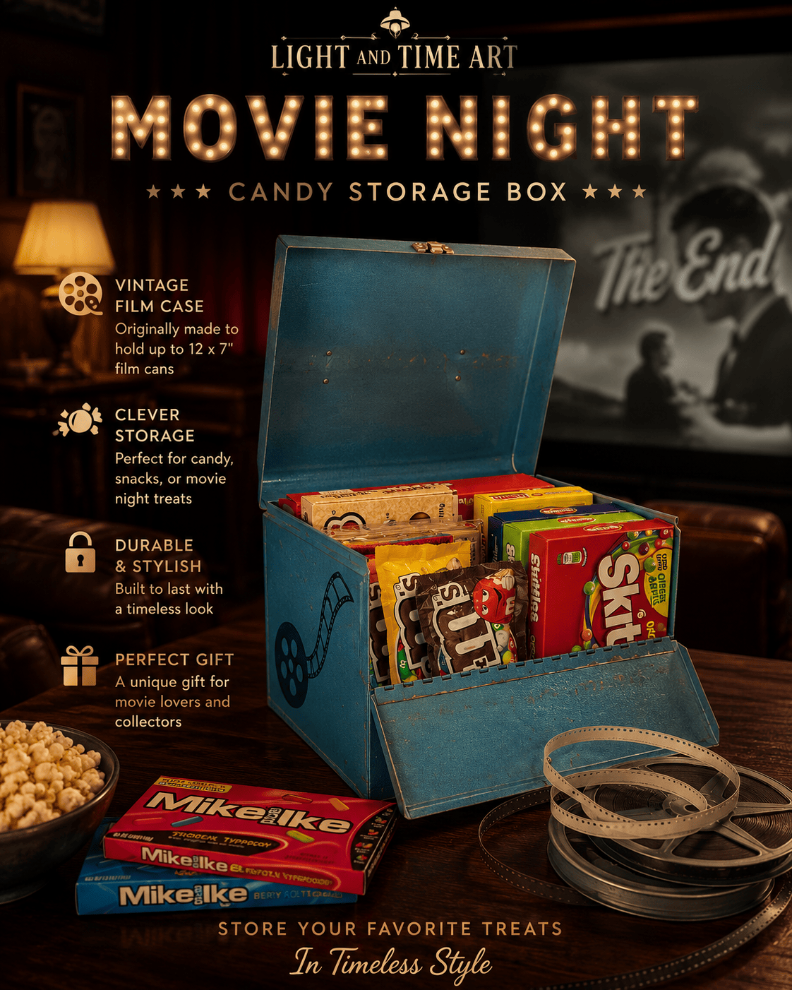LightAndTimeArt Food Storage Containers Vintage 8 MM Large Movie Metal Carrying Cases, Movie Night, Candy Store , Sweet treasure box, Movie Room Décor