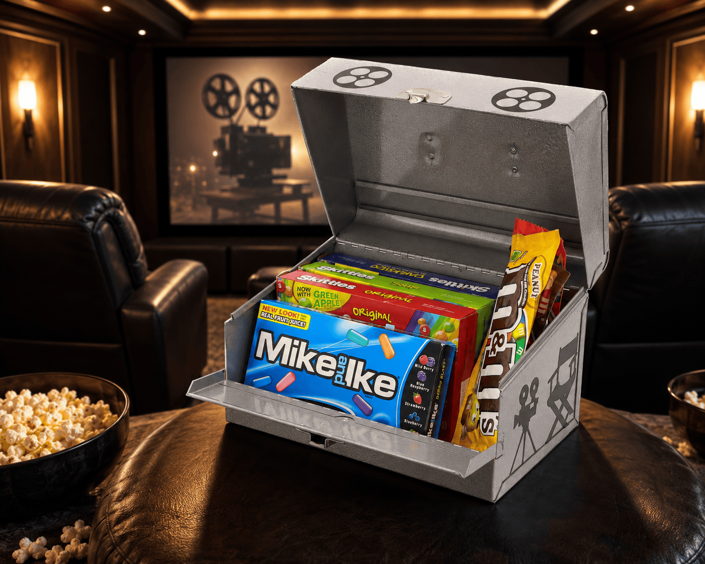 LightAndTimeArt Food Storage Containers Vintage 8 MM Silver Movie Metal Carrying Case - Movie Night - Candy Store