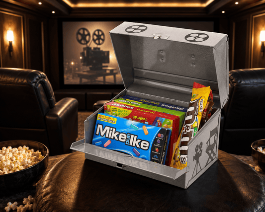 LightAndTimeArt Food Storage Containers Vintage 8 MM Silver Movie Metal Carrying Case - Movie Night - Candy Store