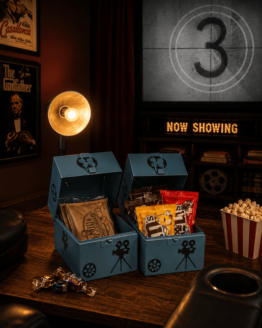 LightAndTimeArt Food Storage Containers Vintage Blue Candy Storage, 2 x 8MM Movie Metal Carrying Cases, Sweet treasure box, Movie night candy, Movie Room décor, Popcorn storage