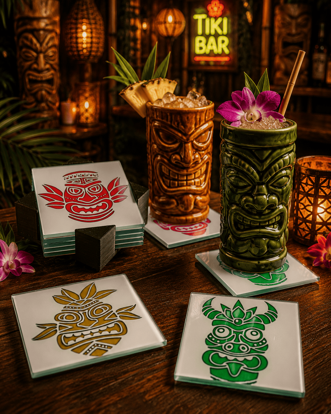 LightAndTimeArt Barware Tiki 3D-Glass Coaster Set for Drinks with Holder, Barware, Set of 4 or 6