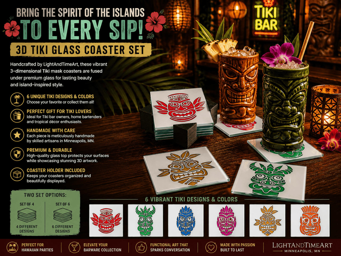LightAndTimeArt Barware Tiki 3D-Glass Coaster Set for Drinks with Holder, Barware, Set of 4 or 6