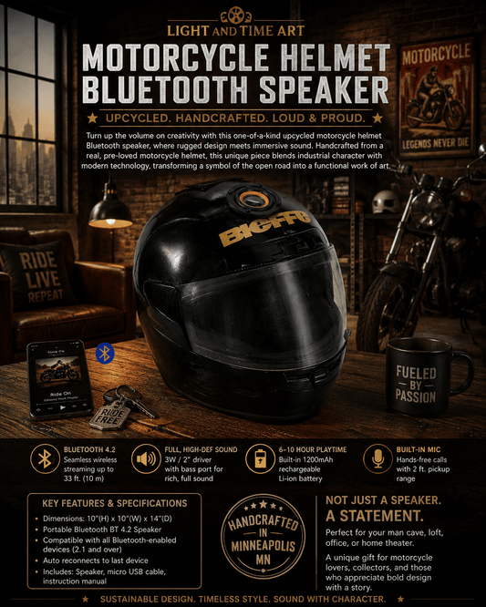 LightAndTimeArt Speakers Upcycled Motorcycle Helmet Bluetooth Speaker, Industrial Audio Decor, Man Cave Gift, Reclaimed Tech Art