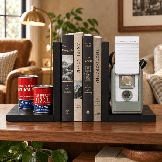 LightAndTimeArt Bookends Antique Decorative Camera Bookends - Vintage Ansco Anscoflex Camera, DVD Holder, Movie Room Décor, Book Lover, Vintage photographer Gift