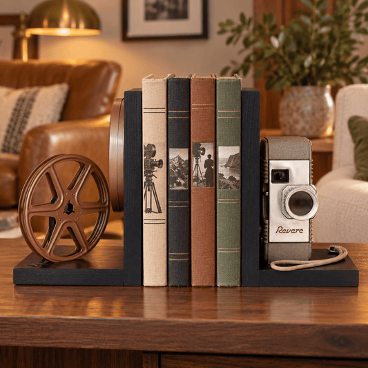 LightAndTimeArt Bookends Vintage Movie Camera Bookends - DVD Holder - Revere 8 Model 50 - Movie Theater Décor - gift for movie maker actor actress