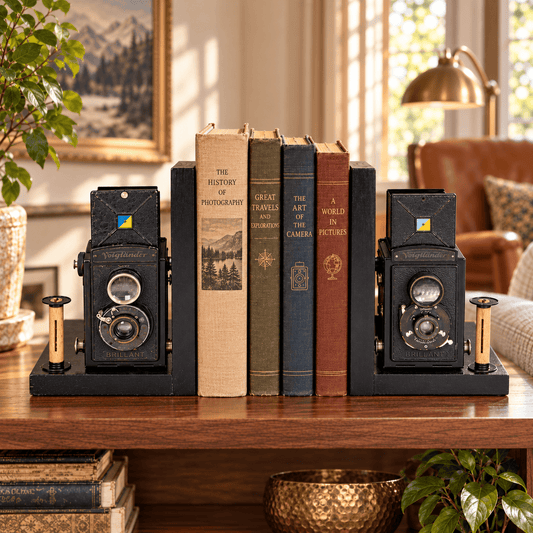 LightAndTimeArt Bookends Antique Decorative Wood Camera Bookends, Vintage Voigtländer Brillant Cameras, DVD Holder, Movie Room Decor, Photographer gift