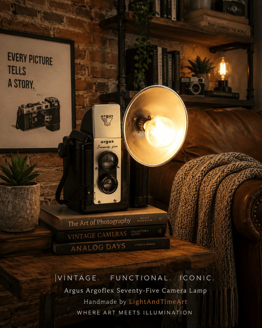 LightAndTimeArt Camera Lamp LED Reading Lamp, Desk Lamp, Argus Argoflex Seventy-Five Camera, 50' table lamp, task lamp, mid-century light, movie room lamp