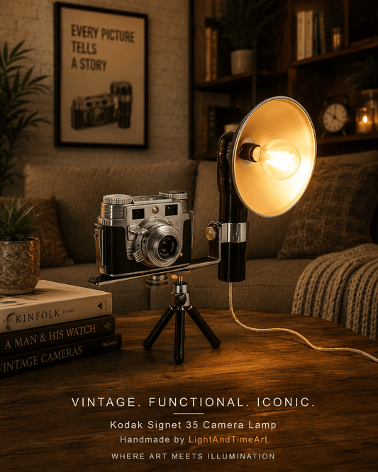 LightAndTimeArt Camera Lamp Vintage LED Reading Lamp, Task Lamp, Kodak Signet 35 Camera lamp, 50' table lamp, task lamp, mid-century light, vintage paparazzi camera