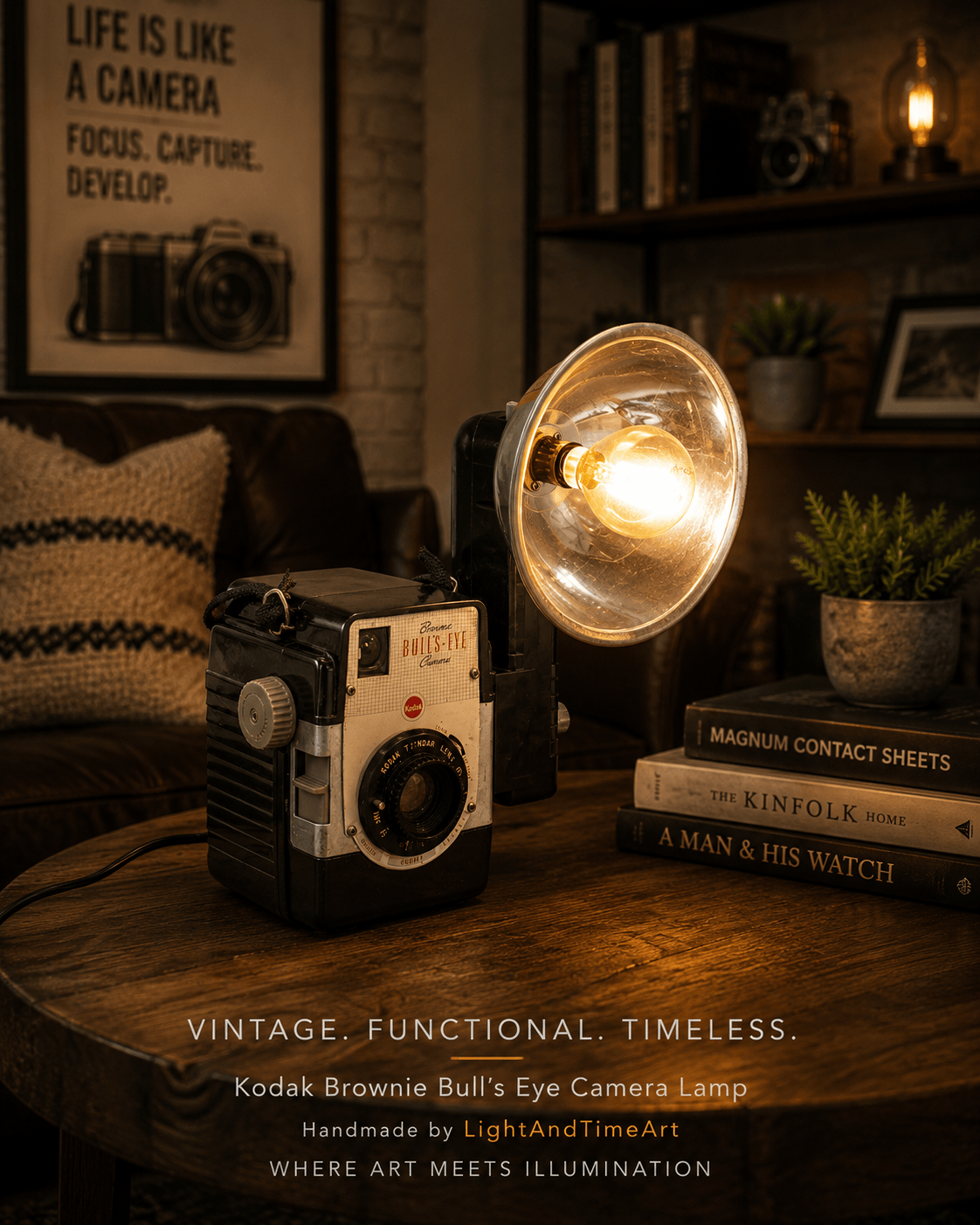 LightAndTimeArt Camera Lamp LED Reading - Task Lamp, Kodak Brownie Bull's Eye Vintage Camera, 50' table lamp, mid-century light, gift for grandma and grandpa