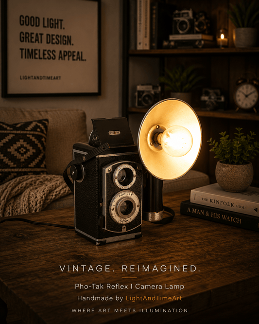 LightAndTimeArt Camera Lamp LED Reading Lamp, Desk Lamp, Rare Pho-Tak Reflex I Camera, 50' table lamp, task lamp, mid-century light, movie room lamp