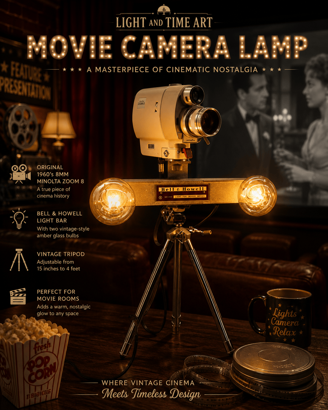 LightAndTimeArt Camera Lamp Movie Camera Lamp - 1960's 8mm Minolta Camera & Bell & Howell Light Bar on Vintage Tripod