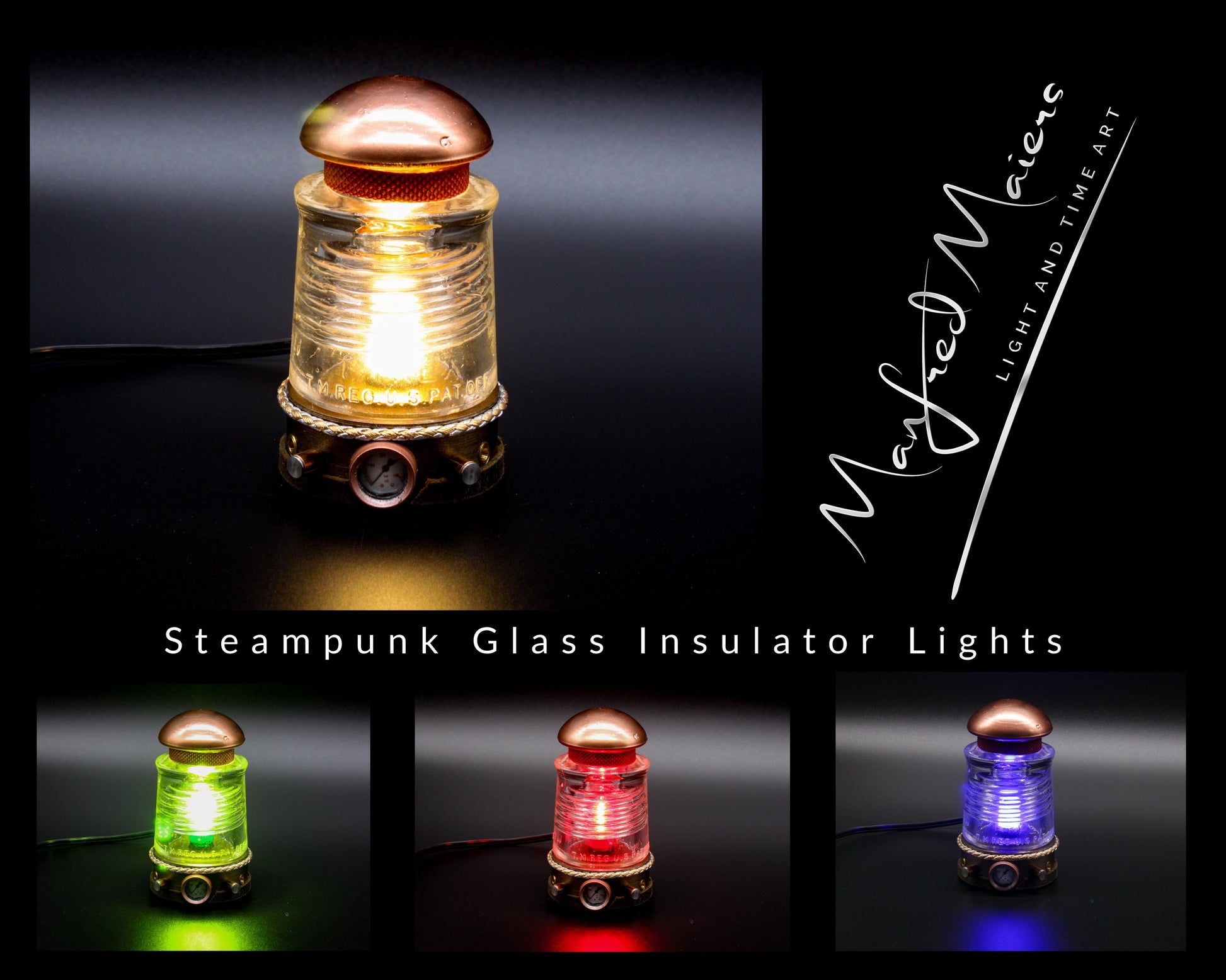 LightAndTimeArt Steampunk Lamp Steampunk Glass Insulator Lamp, Aluminum Base, PYREX C17, Industrial Lighting, Man Cave Deco, Neo Victorian Lamp design, Cyberpunk Lamp