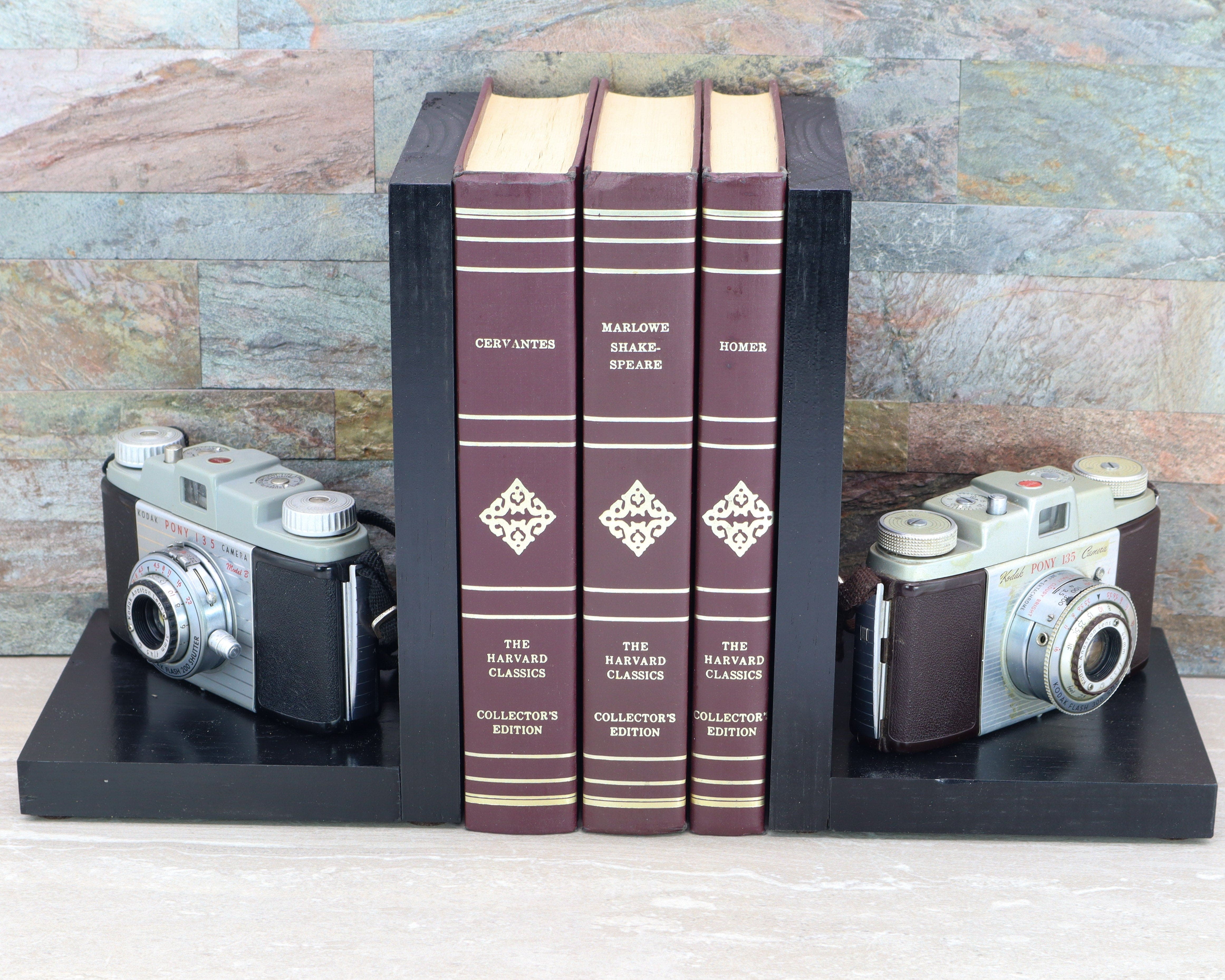 2 Kodak Pony Cameras Antique Vintage Wooden Decorative Bookends