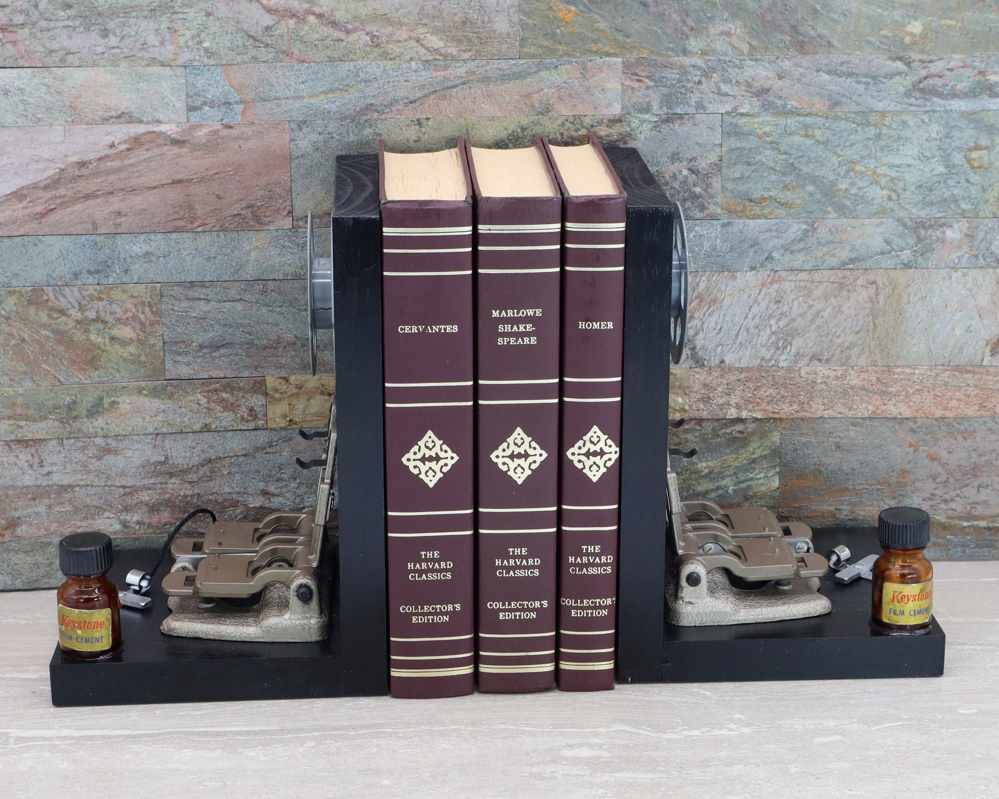LightAndTimeArt Bookends Vintage 8mm Film Slicer Set Bookends, DVD holder, eco-friendly home theater & Movie Room décor, Film Artifacts, gift for actor and actress