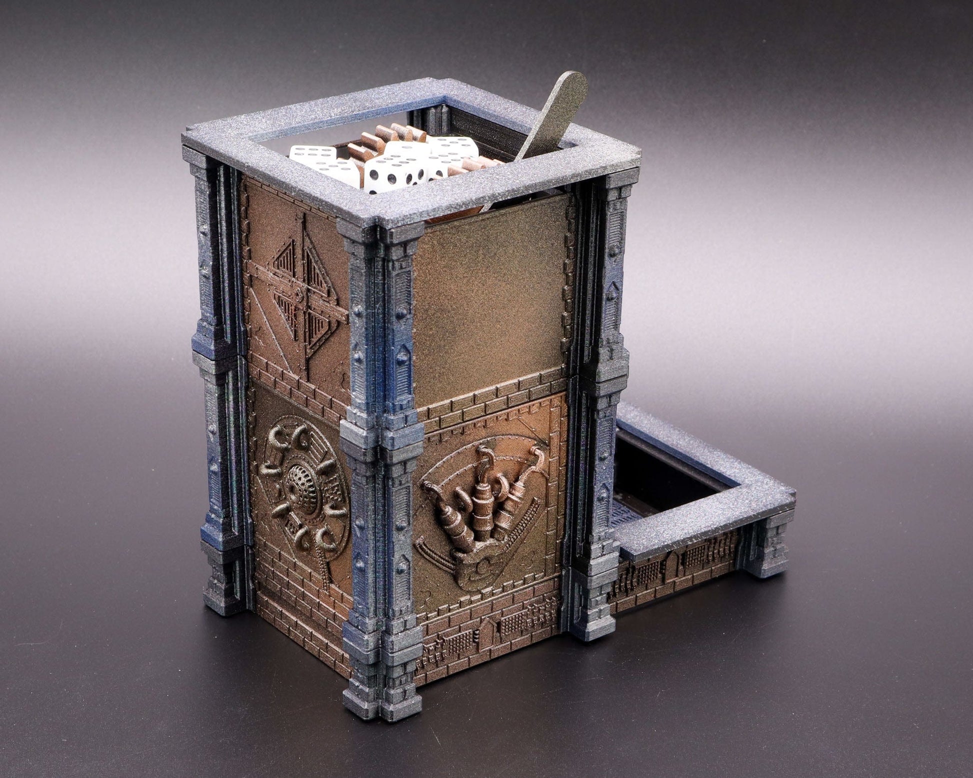 LightAndTimeArt Dice Tower Steampunk - Damocles Moving Trap Dice Tower - 3D Board Game Accessory