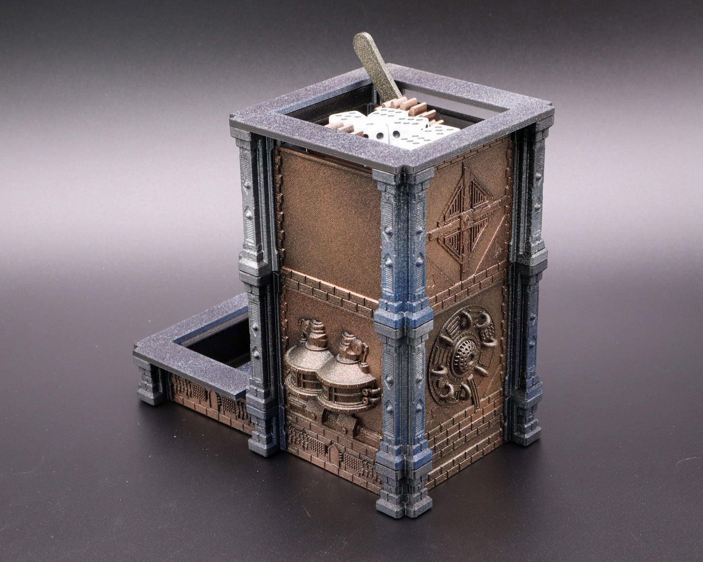 LightAndTimeArt Dice Tower Steampunk - Damocles Moving Trap Dice Tower - 3D Board Game Accessory