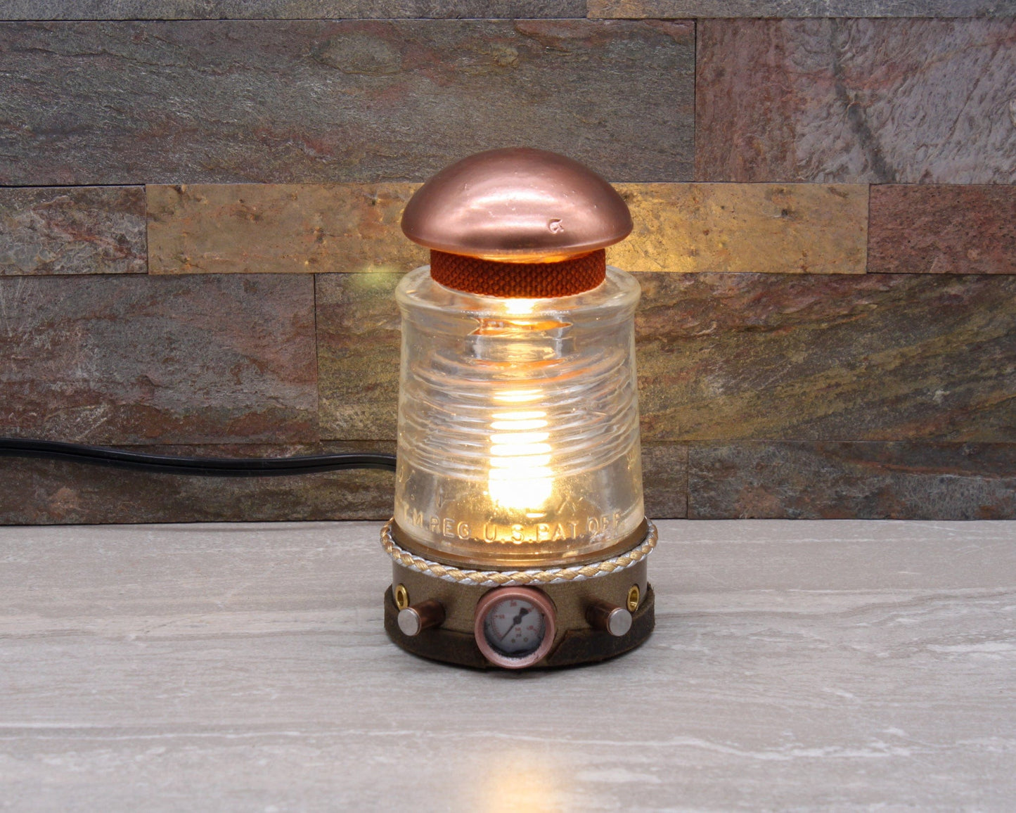 LightAndTimeArt Steampunk Lamp Steampunk Glass Insulator Lamp, Aluminum Base, PYREX C17, Industrial Lighting, Man Cave Deco, Neo Victorian Lamp design, Cyberpunk Lamp