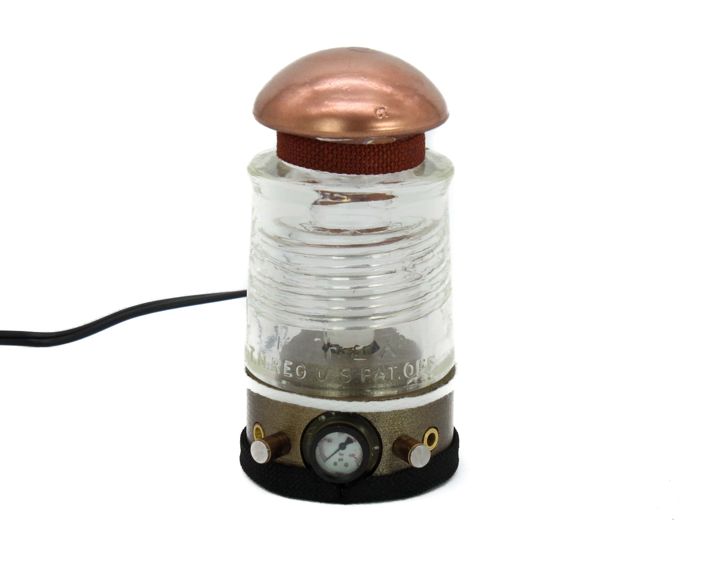 LightAndTimeArt Steampunk Lamp Steampunk Glass Insulator Lamp, PLA Base, PYREX C17, Industrial Lighting, Man Cave Deco, Neo Victorian Lamp design, Cyberpunk Lamp