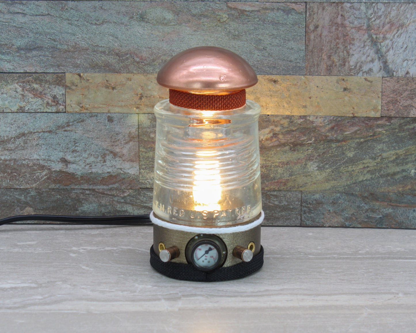 LightAndTimeArt Steampunk Lamp Steampunk Glass Insulator Lamp, PLA Base, PYREX C17, Industrial Lighting, Man Cave Deco, Neo Victorian Lamp design, Cyberpunk Lamp