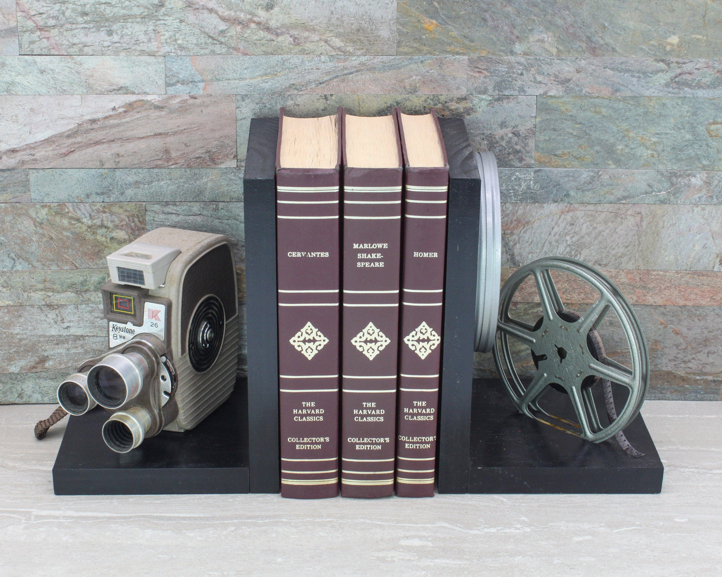 LightAndTimeArt Bookends Wooden Vintage Movie Camera Bookends,  movie room & home theater decoration, Keystone K26/K27 Capri Triple Turret, DVD Holder